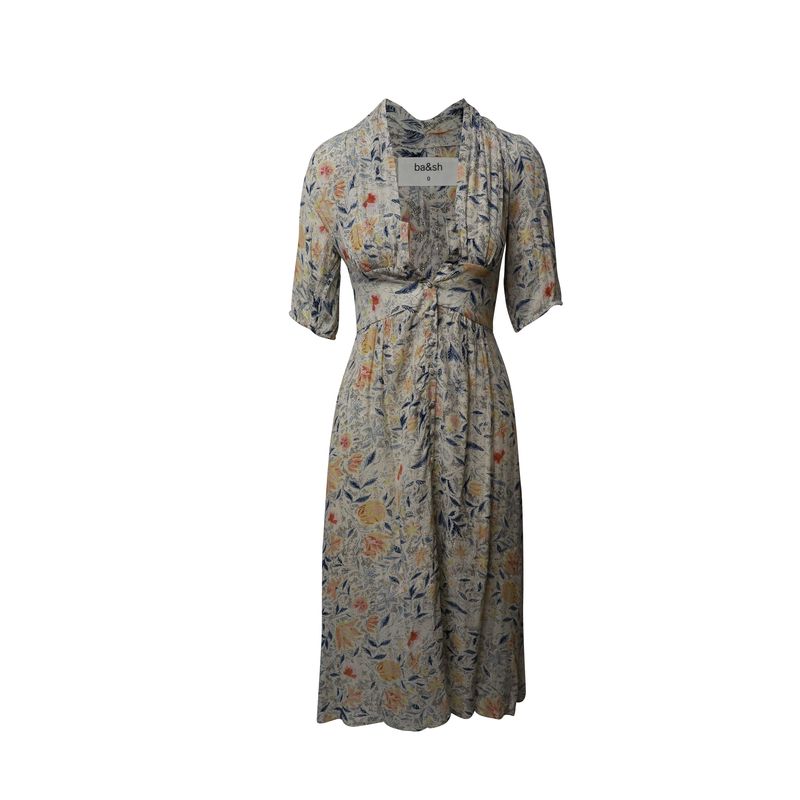 Ba&Sh Floral Print Deep V-Neck Midi Dress In Multicolor Viscose